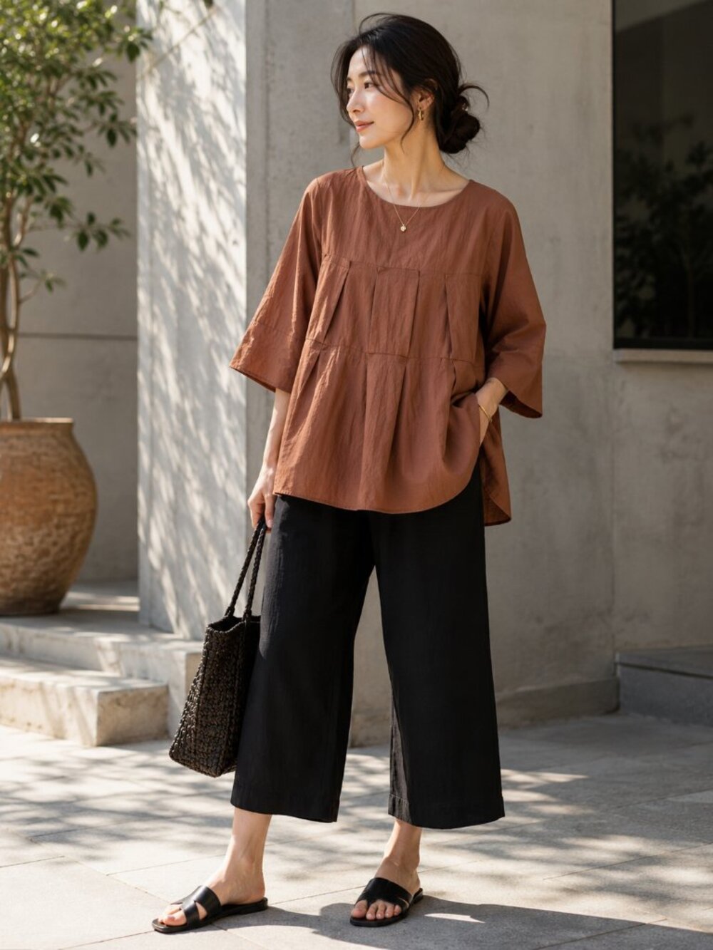 Terracotta Crinkle Texture Pleated Babydoll Tunic Top Medium*